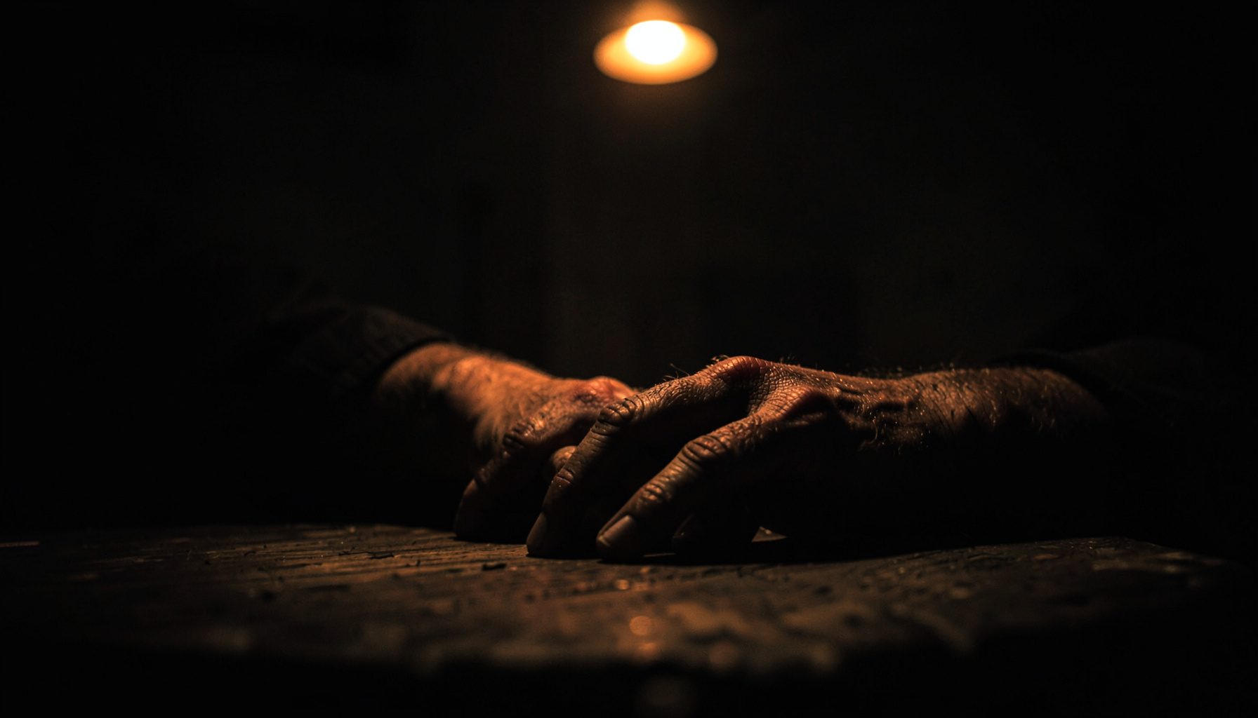 A dark, low-key photograph of weathered hands resting on a worn wooden table, lit by a single overhead bulb in an otherwise shadowed room
